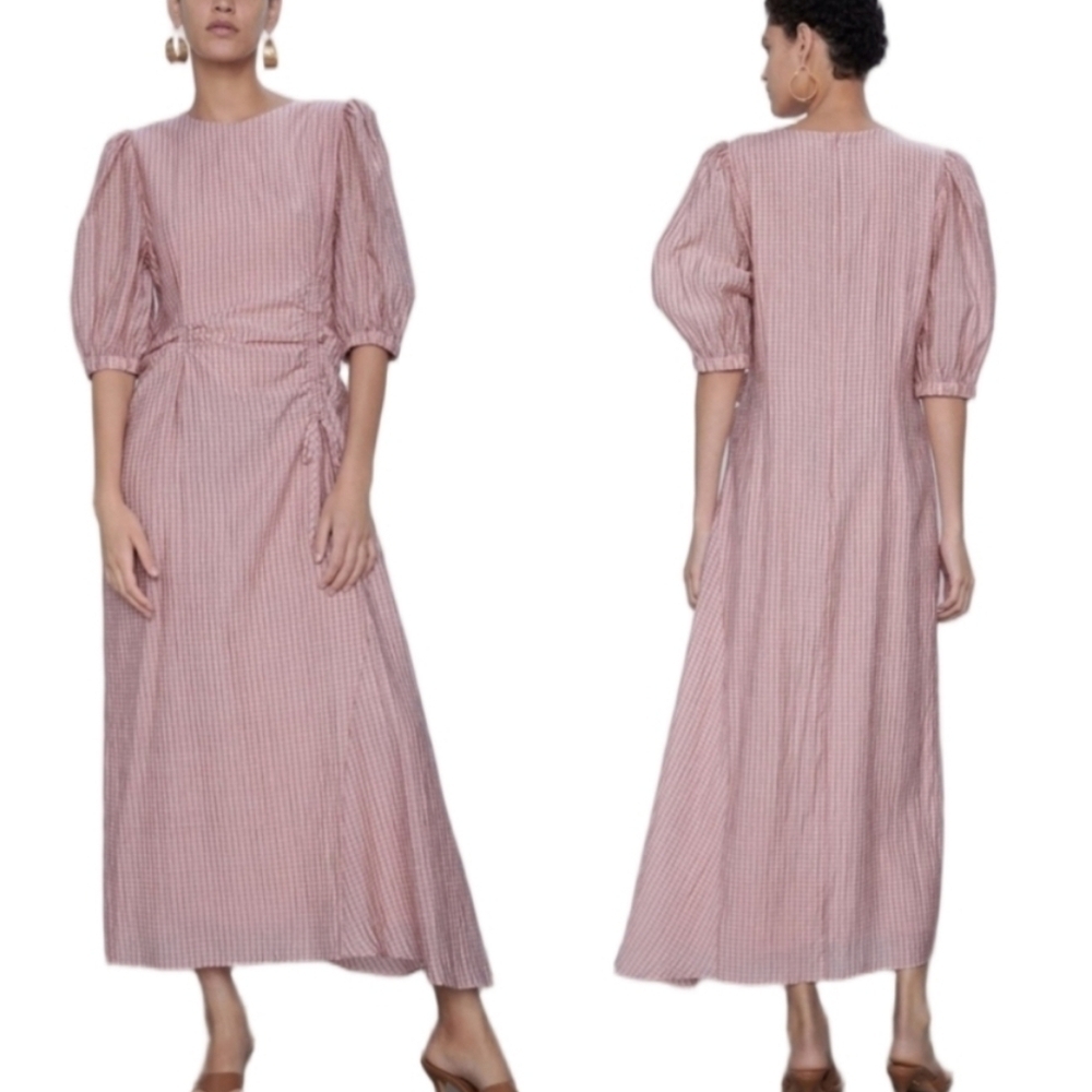 Zara Peachy Pink Check Puff Sleeve Ruched Waist Asymmetric Hem Maxi Dress